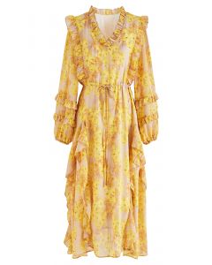 Elegant Floral Ruffle Trim Tie Waist Chiffon Dress in Yellow