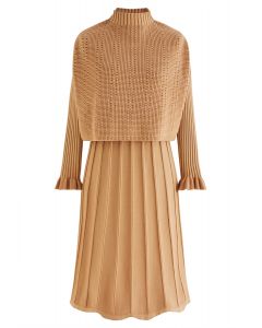 Mock Neck Pleated Knit Twinset Dress in Apricot