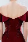 Ruffled Off-Shoulder Embroidery Mermaid Gown In Burgundy - Retro, Indie ...