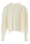 Pearl Embellished Puff Sleeve Knit Sweater in Cream - Retro, Indie and ...