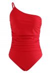 One-Shoulder Ruched Detail Swimsuit in Red - Retro, Indie and Unique ...