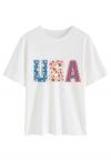 USA Letter Printed Round Neck T-Shirt