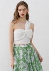 One-Shoulder Knotted Front Embossed Crop Top in White