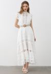 Belted Cutwork Pearly Sleeveless Maxi Dress in White