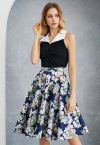 Bright Floral Printed Flare Midi Skirt in Navy