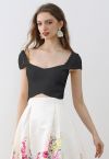 Scalloped Shoulder Knit Crop Top in Black