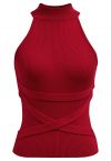 Crisscross Ribbon Sleeveless Halter Knit Top in Red