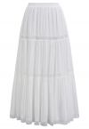 Lace Spliced Cotton Midi Skirt in White