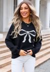 Ribbon Bowknot Pattern Jacquard Knit Sweater in Black