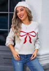 Ribbon Bowknot Pattern Jacquard Knit Sweater in White