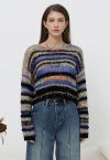 Multicolored Stripe Pointelle Fringed Knit Sweater in Black