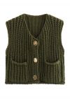 Bold Golden Buttons Patch Pocket Chunky Knit Vest in Army Green