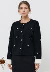 3D Heart Embellished Stud Button Contrast Cardigan in Black