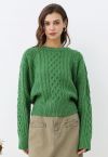 Hug-Me Cable Knit Crewneck Sweater in Green