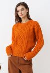 Hug-Me Cable Knit Crewneck Sweater in Pumpkin