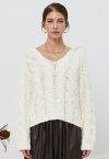 Collared V-Neck Chunky Cable-Knit Sweater in Ivory