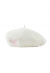 Embroidered Bowknot Wool-Blend Beret in White