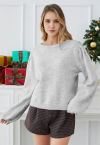 Bowknot Back Puff Sleeve Knit Sweater in Grey