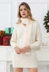 Cozy White Dropped Shoulder Knit Sweater Dress with Pom-Pom Scarf