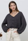 Hand-Knit Drop-Shoulder Buttoned Crop Cardigan in Smoke