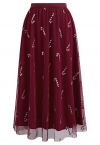 Shimmer Candy Cane Mesh Tulle Midi Skirt in Burgundy