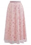 Glitter Star Snowflake Mesh Tulle Midi Skirt in Pink