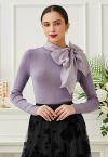 Organza Bowknot Neckline Knit Top in Lilac