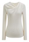 Twist Neckline Ribbed Knit Top in Cream