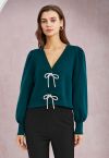 Sparkling Bowknot Buttoned Lantern Sleeve Knit Cardigan in Teal