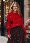 Passionate Heart Pearl Trim Knit Sweater in Red