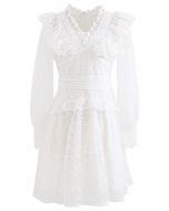 Full of Floret Embroidered Ruffle Mesh Dress in White