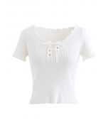 lettuce Edge Lace-Up Crop Knit Top in White