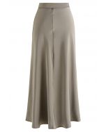 Middle Seam Smooth Satin Drape Maxi Skirt in Taupe