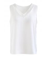 V-Neck Sleeveless Satin Tank Top in White