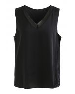 V-Neck Sleeveless Satin Tank Top in Black