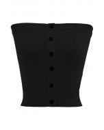 Buttoned Front Strapless Crop Knit Top in Black