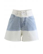 Color Blocked Frayed Hem Denim Shorts