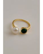 Emerald Gem and Pearl Open Ring