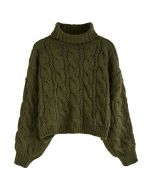 Turtleneck Braid Knit Crop Sweater in Army Green