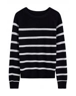 Versatile Round Neck Striped Knit Sweater in Black