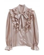 Tie-Neck Ruffle Trim Satin Shirt in Dusty Pink