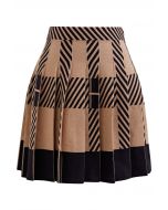 Color Block Striped Pleated Knit Skirt in Tan