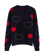 Passionate Heart Pearl Trim Knit Sweater in Black