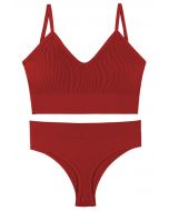 Plain Ribbed Lingerie Bra Top and Thong Set in Red