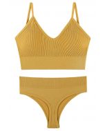 Plain Ribbed Lingerie Bra Top and Thong Set in Mustard