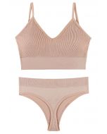 Plain Ribbed Lingerie Bra Top and Thong Set in Light Pink