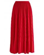 Zigzag Embossed Pleated Midi Skirt in Red