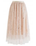 Sequined Embroidered Paisley Mesh Midi Skirt in Apricot