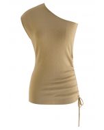 One-Shoulder Side Drawstring Knit Top in Tan