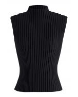 Mock Neck Sleeveless Rib Knit Top in Black